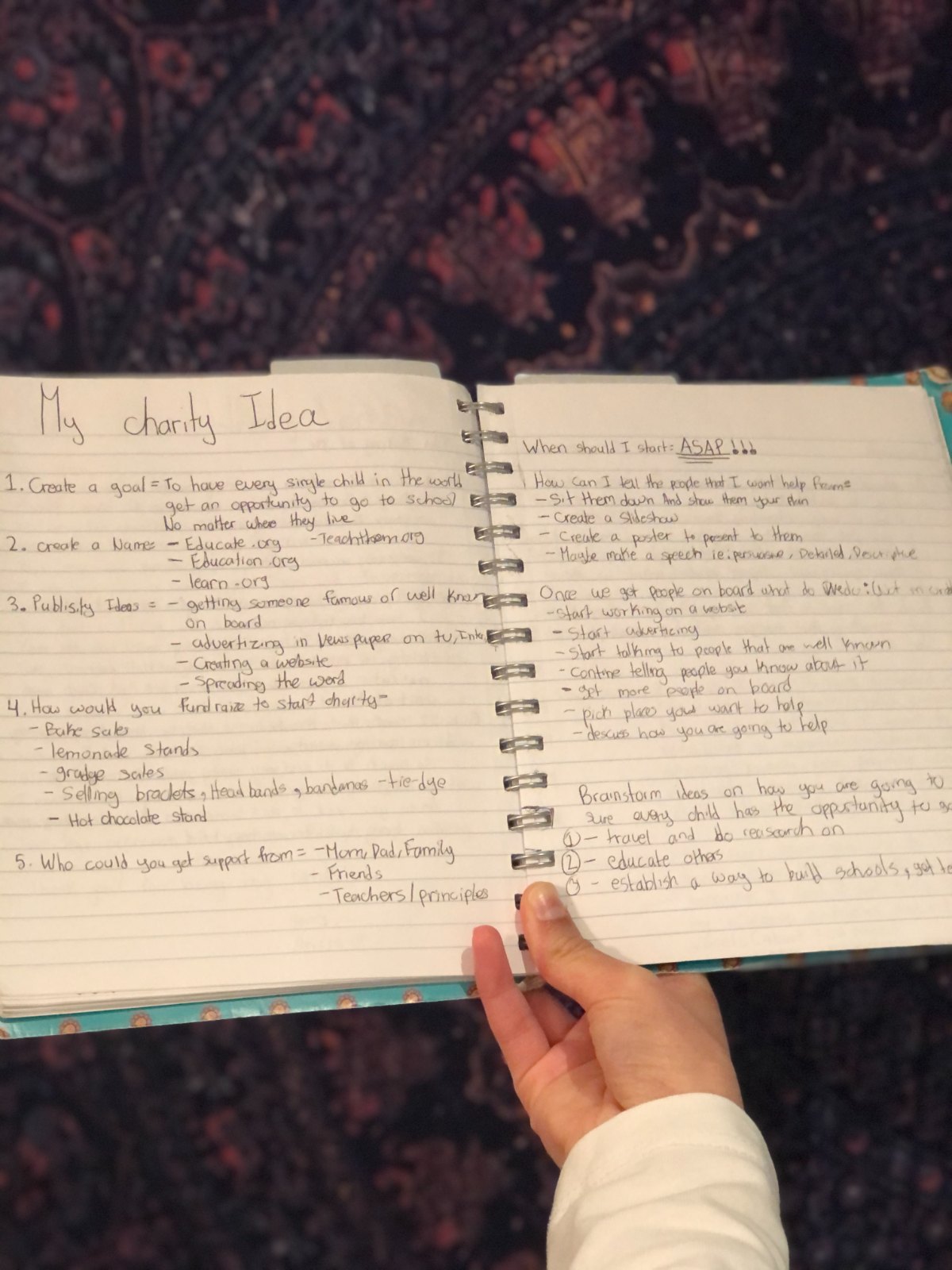 The original handwritten notebook page titled My Charity Idea